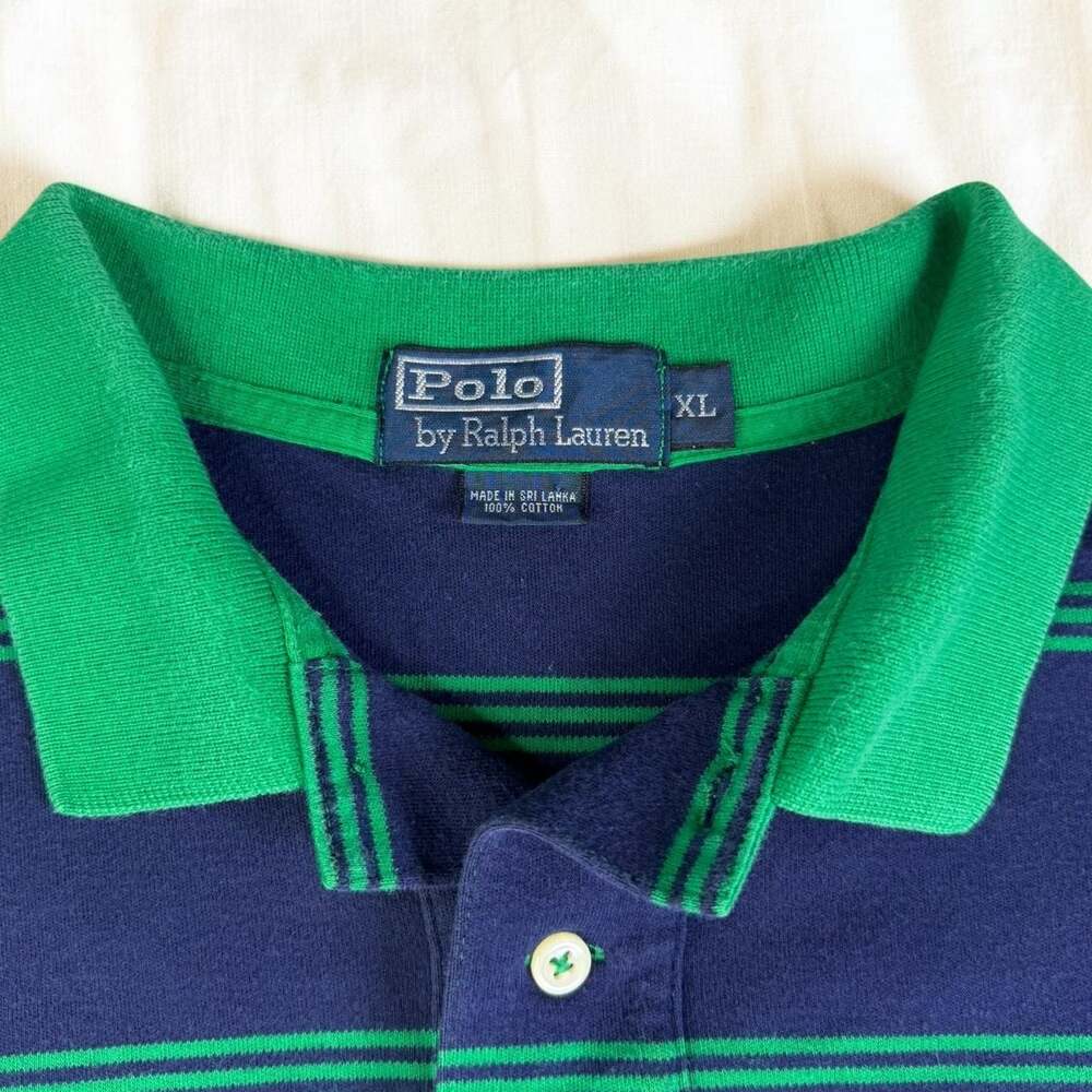 Vintage Polo Ralph Lauren Men’s XL Navy Green Striped Cotton Polo Shirt Pony